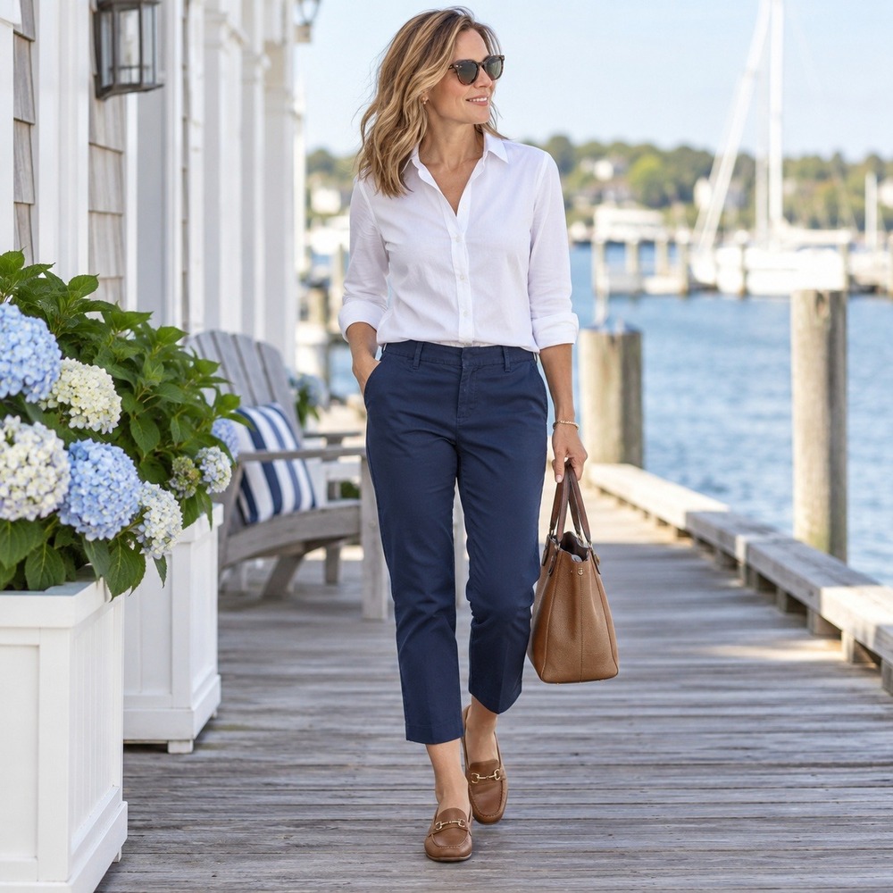 Crown & Ivy Cropped Chino Pants Stretch Cotton Flat Front Navy Women's Size 10
